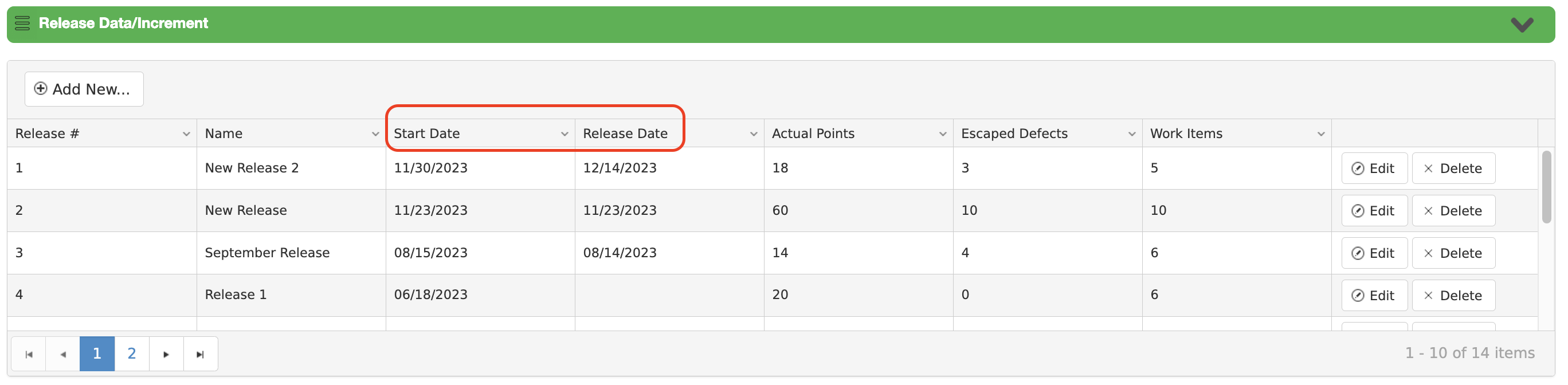 Release Data table