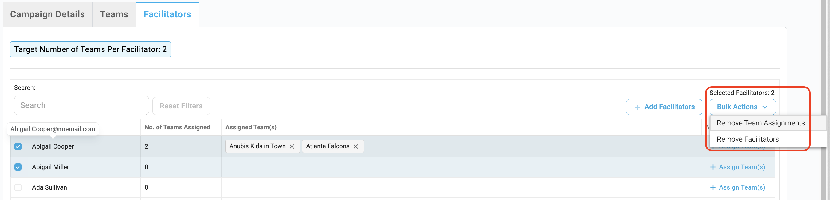 Facilitator bulk actions