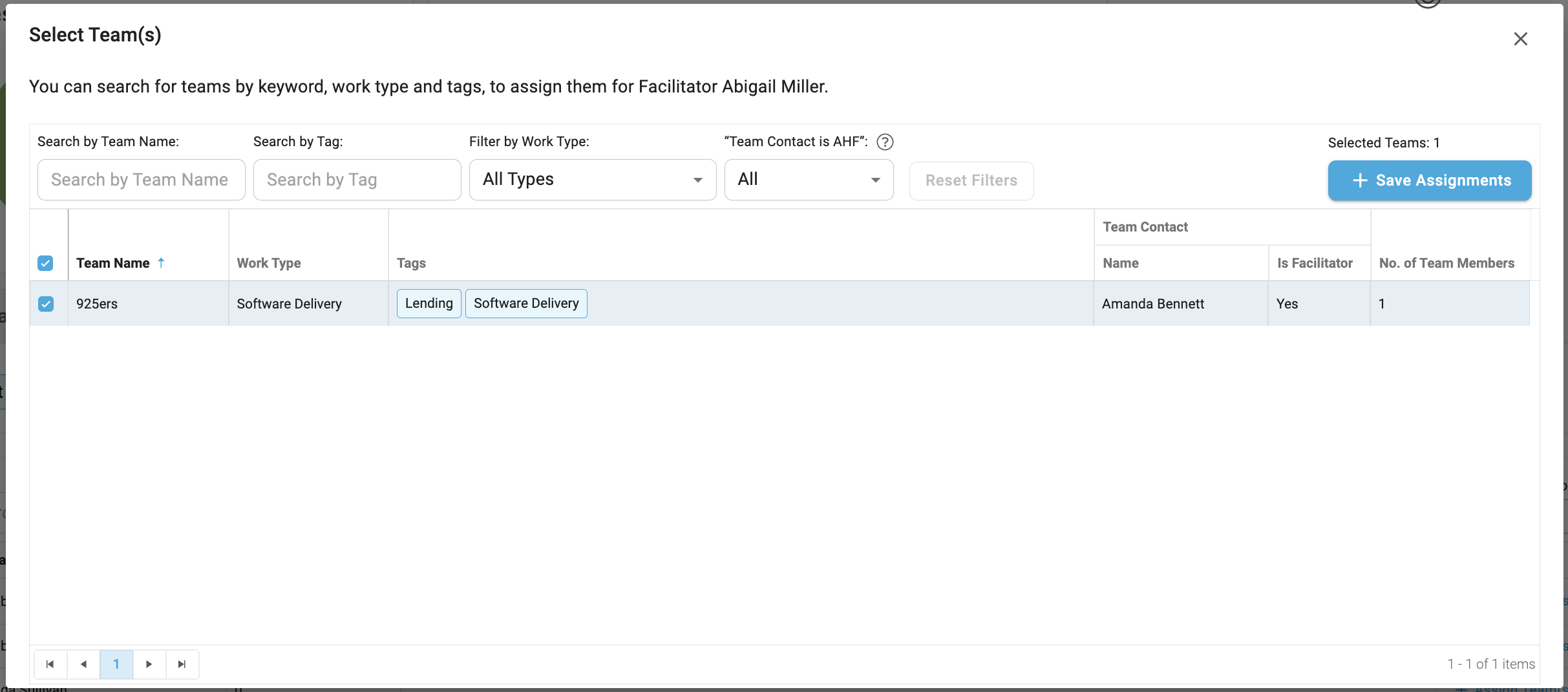 Assign teams modal